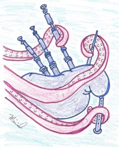 Drawing of bagpipes held in tentacled arms