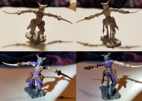 photo of tabaxi DnD miniature with daggers extended before and after painting