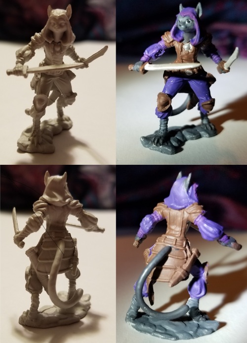 photo of tabaxi DnD miniature with hood before and after painting
